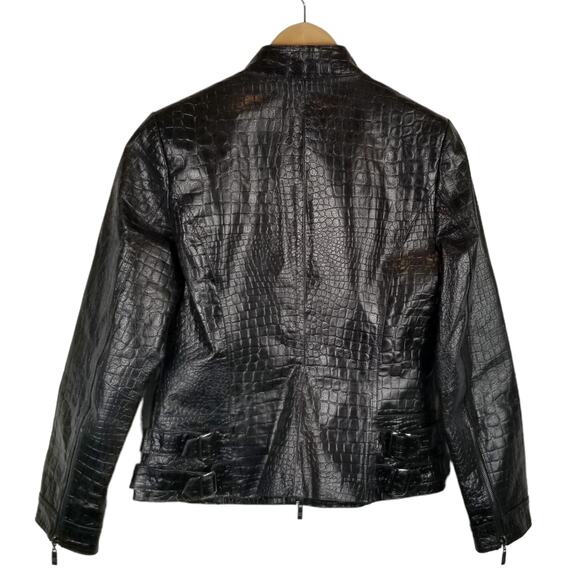Pamela McCoy Croc Embossed Rhinestone Studded Black Leather Moto Jacket Size XS - Picture 2 of 11